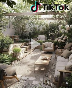 an outdoor living area with couches, tables and flowers in the background that reads tiktok