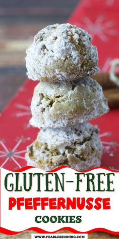 three cookies stacked on top of each other with the words gluten - free peppernut cookies