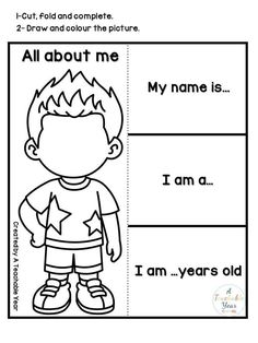 a worksheet with the words all about me and an image of a boy