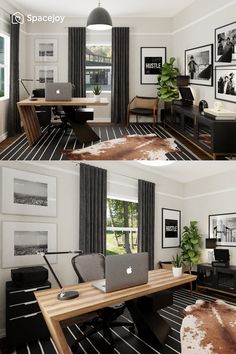 two pictures of a living room with black and white decor