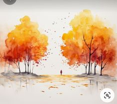 watercolor painting of trees and a person walking in the distance with an orange sky behind them