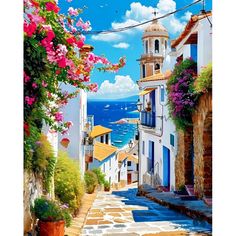 a painting of an alley leading to the ocean with flowers growing on it and a clock tower in the background