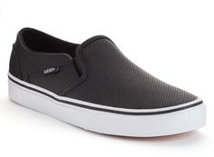 Vans Asher Women's Perforated Slip-On Skate Shoes White Sole Slip-on Skate Shoes With Perforated Toe Box, Vans Skate Shoes With Perforated Round Toe, Vans Casual Synthetic Skate Shoes, Vans Sporty Slip-resistant Sneakers, Casual Vans Synthetic Skate Shoes, Sporty Vans Sneakers With Slip-resistant Sole, Slip-on Sneakers With Perforations For Streetwear, Sporty Slip-resistant Vans Sneakers, Perforated Slip-on Sneakers For Streetwear