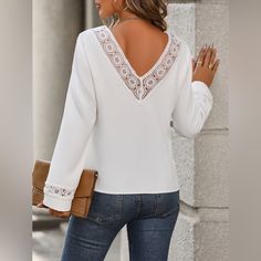 Features: Lace Detail Sheer: Opaque Stretch: No Stretch Material Composition: 98% Polyester, 2% Elastane Care Instructions: Machine Wash Cold. Tumble Dry Low. Imported Product Measurements: S:Top Length 24.02 In, Shoulder 14.96 In, Bust 38.58 In, Sleeve Length 24.02 In M:Top Length 24.41 In, Shoulder 15.35 In, Bust 40.16 In, Sleeve Length 24.41 In L:Top Length 25.00 In, Shoulder 15.75 In, Bust 42.52 In, Sleeve Length 24.80 In **Expect 5-10 Business Days For Orders To Ship Outbundle And Save! Dis V-neck Lace Top Blouse For Work, Feminine V-neck Lace Top, Chic Long Sleeve V-neck Top For Day Out, Chic Lace Top With V-neck, Elegant Lace Knit Top For Spring, Fall V-neck Top For Day Out, Chic V-neck Lace Top, Feminine V-neck Top For Fall, V-neck Lace Top For Brunch