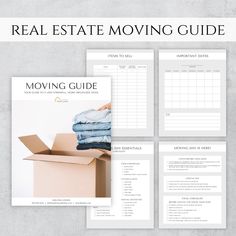 the real estate moving guide with boxes and clothes