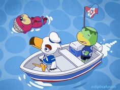 two cartoon characters are in a boat on the water