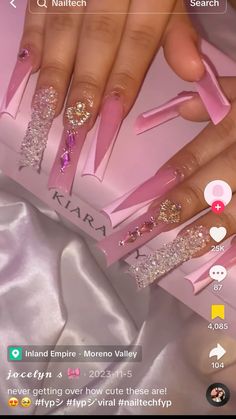 Pink Extra Birthday Nails, Pink Glam Nails Long, Long Pink Glitter Acrylic Nails, Extra Long Pink Nails, Birthday Nails Long Bling Pink, Long Nail Designs, Nail Art Designs Diy, White Acrylic Nails, Coffin Shape Nails