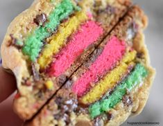 a hand holding a colorful cookie with chocolate chips and rainbow frosting on it's side