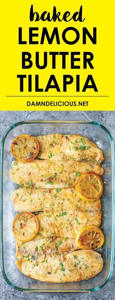 baked lemon butter tilapia in a glass baking dish with the title above it