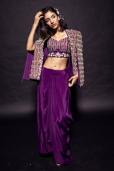 Dark purple fully handcrafted ajrakh cape jacket highlighted with sequins, cut-pipe and beaded tassels. Comes with padded handcrafted blouse and draped skirt. - Aza Fashions Ajrakh Blouse, Bralette Pattern, Cape Jacket, Tarun Tahiliani, Draped Skirt, Luxury Sale, Beaded Tassels, Modern Bride, Embroidered Silk