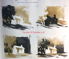 four different pictures of houses and trees in brown, black, and white ink on paper