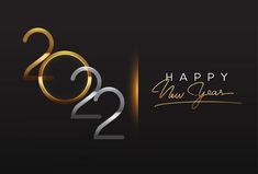 new year's eve greeting card with gold and silver numbers on a black background