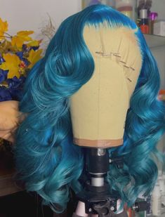 Custom Color Wigs Blue, Blue Highlight Wig, Green And Blue Wigs Black Women, Teal Wig Install, Teal Blue Lace Front Wig, Event Hairstyles