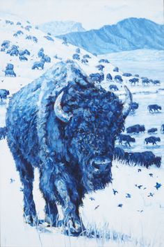 a painting of a bison in the snow