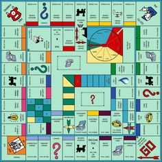 a monopoly board game with many different items on the board and numbers in each corner