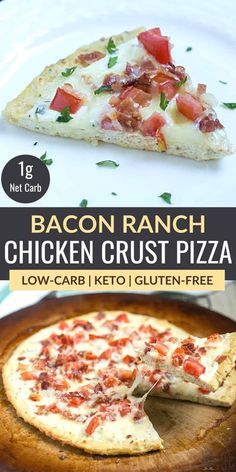 the bacon ranch chicken crust pizza has been cut into slices and is ready to be eaten