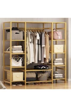 Clothes Rack With Wooden Shelves Modern Clothes Hangers, Rak Kasut, Free Standing Coat Rack, Bamboo Clothes, Coat Rack With Storage, Coat Storage, Open Wardrobe, Wood Clothes, Wooden Rack