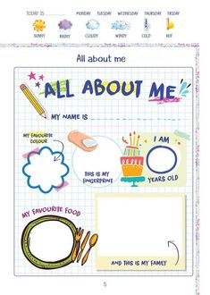 an all about me poster is shown with the words and pictures on it, along with other items