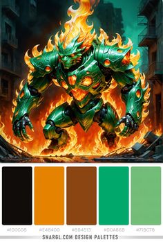 Palette with colours: Smoky black #100c08, Fulvous #e48400, Saddle brown #8b4513, Jade #00a86b, Fern #71bc78. Green Fire elemental with flames on its face and arms. #sketchbook #palettes #jade #design #coloursaddlebrown #coloursmokyblack #fern #fulvouscolor #funny #weird #digitalart #colour #face #saddlebrown #ferncolor