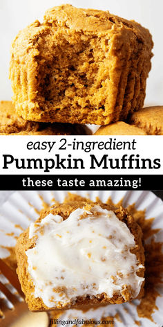 pumpkin muffins with white frosting on top and the words easy 2 ingredient pumpkin muffins