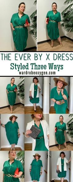 The ever by X dress is essentially a shirtdress with its shirttail hem, button placket, and self belt. In this post, it has been styled for work, evening, and vacation. This dress is made from a vegan silk and is machine washable. While the ever by X dress only comes in one style, it comes in three lengths and a vast variety of ever-changing colors. Green Dress Outfit Plus Size, Ever By X Dress, Green Dress Outfit, Work Vacation