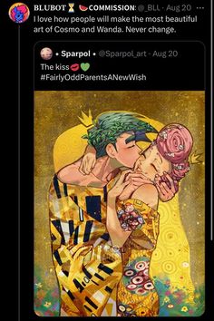 an image of two people kissing in front of a gold background with words that read i love how people will make the most beautiful art of cosmo and wana never change