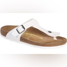 - The Modern Thong Sandal From Birkenstock. The Gizeh Is An Addictive Classic With Signature Support And A Refined, Minimalist Style. - Made In Germany - Birko-Flor Durable, Synthetic Upper Material With Leather-Like Finish And Soft Backing - Contoured Cork Footbed Conforms To The Shape Of Your Foot And Features Pronounced Arch Support, A Deep Heel Cup, And Roomy Toe Box; Lined With Suede - Lightweight Eva Sole For Cushioning And Shock Absorption - Avoid Extreme Heat White Birkenstocks, Toe Thong Sandals, Cork Sandals, Birkenstock Women, White Wedges, Sandals White, Women Shoes Online, Birkenstock Sandals, Shoes Heels Wedges