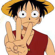 a cartoon character making the peace sign with his hand and wearing a straw hat on top of his head