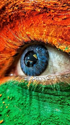 an eye with green and orange paint on it's irise, showing the colors of the irish flag