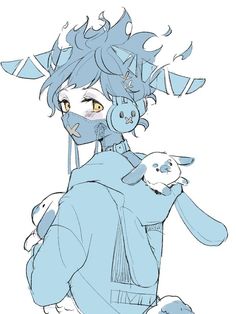 a drawing of a person with blue hair holding a stuffed animal in his arms and looking at the camera