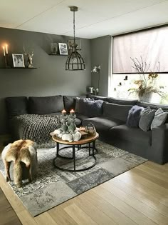 a living room filled with furniture and a dog standing in front of the couches