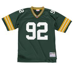 a green football jersey with white numbers on the front and yellow stripes down the chest