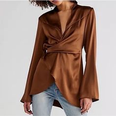 Fp Harley Satin Tunic Top Size Xs But Can Fit A Small In Brown Nwot Never Worn ! Elegant Brown Tops For Date Night, Elegant Brown Top For Date Night, Brown Evening Top For Spring, Elegant Brown Blouse For Brunch, Satin Tunic, Fall Tunics, Crochet Boho Top, Denim Tunic, Girls Tunics