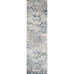 the runner rug is shown in grey and blue tones, with an intricate design on it