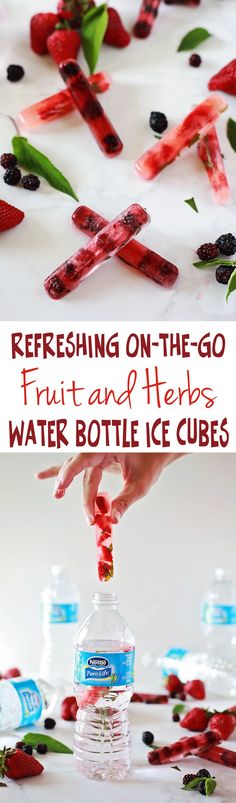 a bottle of water with red strawberries on it and the words refreshing on the go fruit and herbs water bottle ice cubes