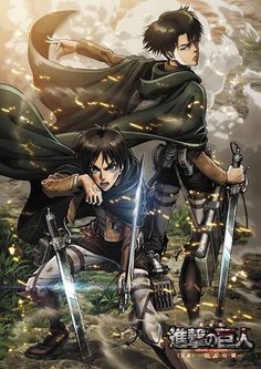 two anime characters with swords in their hands, one holding the other's hand