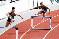 two female athletes competing in a track and field event