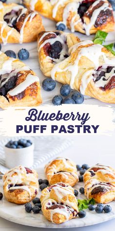 blueberry puff pastry with icing and fresh berries on the top is shown in this collage