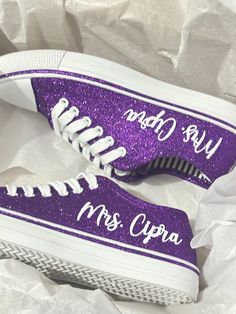 Hand Glittered unbranded canvas sneakers glittered in a gorgeous plum purple personalized just for you.  Made to order.  Personalization is added in white glitter writing to include name and date. Please select the personalized option at checkout and include custom info in the order notes. Glitter Trim optional.  Check out our other purple glitter sneaker options here: https://www.etsy.com/shop/GlitterItGlam/edit?ref=edit_trust_header&section_id=46070617 Glitter is high quality and heat set for minimal glitter loss and lasting quality, though, you may see glitter shedding the first time you wear/try on your shoes.  Although we aim to remove every loose piece of glitter prior to shipment, the shipping process s well as putting them on and adjusting the laces can disrupt the glitter and caus Quincenera Shoes Purple, Purple Custom Sneakers With Cushioned Footbed, Custom Purple Low-top Sneakers With Cushioned Footbed, Purple Lace-up Custom Sneakers With Cushioned Footbed, Purple Glitter Low-top Sneakers, Sneakers For Bride, Plum Purple Wedding, Wedding Sneakers For Bride, Birthday Shoes