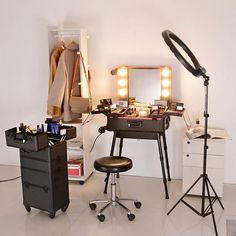 Yescom Professional Studio Makeup Station with Lighted Mirror and Self standing Legs can be placed on a countertop or become a freestanding kit by using the adjustable legs. Portable vanity case is specially designed for travelling and have a trip. High Quality: Free-standing portable makeup workstation with Lights, perfect for film production, studio and artist making up. Carry a Rolling Makeup Suitcase for traveling. Fire retardant material keeps the case cool and protects your cosmetics Four Makeup Studio Ideas, Makeup Suitcase, Makeup Studio Decor, Rolling Makeup Case, Travel Vanity, Makeup Station, Studio Makeup, Light Mirror, Studio Artist