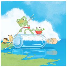 an illustration of a frog in a glass bottle with two other animals on the shore