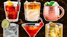 four different types of drinks in glasses with ice and limes on the rim,