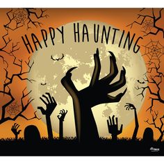 an image of happy halloween with zombie hands in front of the full moon and bats