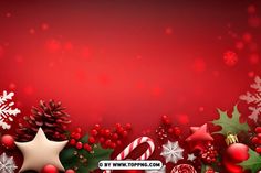 a red background with christmas decorations and candy canes