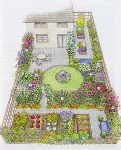 a drawing of a garden with lots of flowers and plants around it, including an outdoor dining area