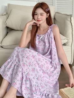 Floral Print Ruffle Hem Camisole Nightgown Purple   Sleeveless Woven Fabric Plants,All Over Print Nightgowns Non-Stretch All Women Sleep & Lounge, size features are:Bust: ,Length: ,Sleeve Length: Purple Sleeveless Loungewear Dress, Sleeveless Ruffled Dress For Sleepover, Purple Sleeveless Dress For Loungewear, Sleeveless Purple Dress For Loungewear, Purple Sleeveless Lounge Dress, Purple Spring Sleepwear For Home, Spring Purple Home Sleepwear, Sleeveless Summer Sleepwear, Summer Sleepwear With Spaghetti Straps And Ruffles