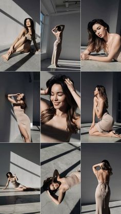 a series of photos showing the different poses of a woman with long hair and no shirt on