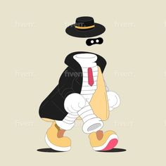 a cartoon character wearing a suit and tie with a hat on his head, walking