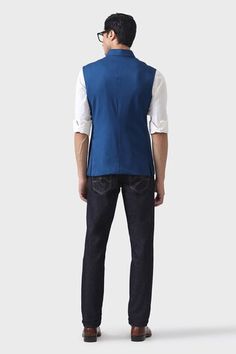 Azure blue wool waistcoat crafted with tailored patch pockets and mandarin collar. - Aza Fashions Fitted Cotton Nehru Jacket With Pockets, Fitted Blue Nehru Jacket For Work, Raghavendra Rathore, Wool Waistcoat, Waistcoat Men, Nehru Jacket, Nehru Jackets, Azure Blue, Jodhpur