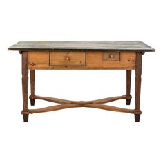 an old wooden table with two drawers on one side and three drawers on the other